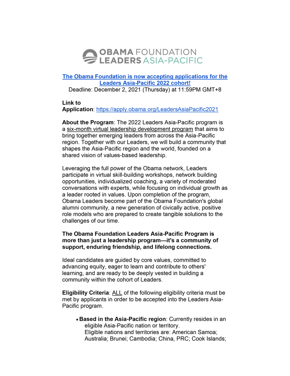 MISGLB's tweet image. The Obama Foundation is now accepting applications for the Leaders Asia-Pacific 2022 cohort!

Deadline: Thursday December 2, 2021 @ 11:59PM GMT+8

(RMI Time Zone: Friday December 3, 2021 @ 03:59AM)

Link to application: apply.obama.org/LeadersAsiaPac…

Kommol tata and Good Luck!