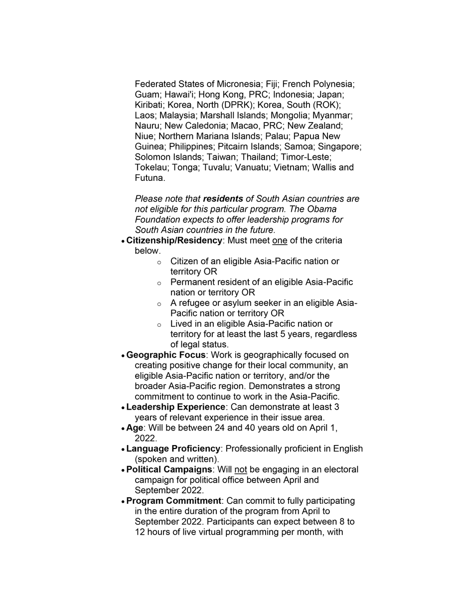 MISGLB's tweet image. The Obama Foundation is now accepting applications for the Leaders Asia-Pacific 2022 cohort!

Deadline: Thursday December 2, 2021 @ 11:59PM GMT+8

(RMI Time Zone: Friday December 3, 2021 @ 03:59AM)

Link to application: apply.obama.org/LeadersAsiaPac…

Kommol tata and Good Luck!
