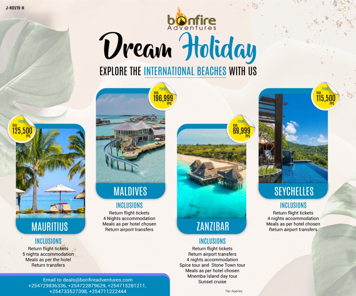 BonfireSafaris's tweet photo. Islands, Splendid Resorts, Sparkling Waters and Endless Stretches of Pristine Sand😍💙 #BonfireDeals has Finally Landed the Best Rates to The Most Beautiful Beaches in The World🇹🇿🇲🇺🇲🇻🇸🇨
Send us a DM Or Call:
0715281211, 0733527398
#Ruto #Chitembwe 
#BonfireDeals https://t.co/tQpGocUeWr
