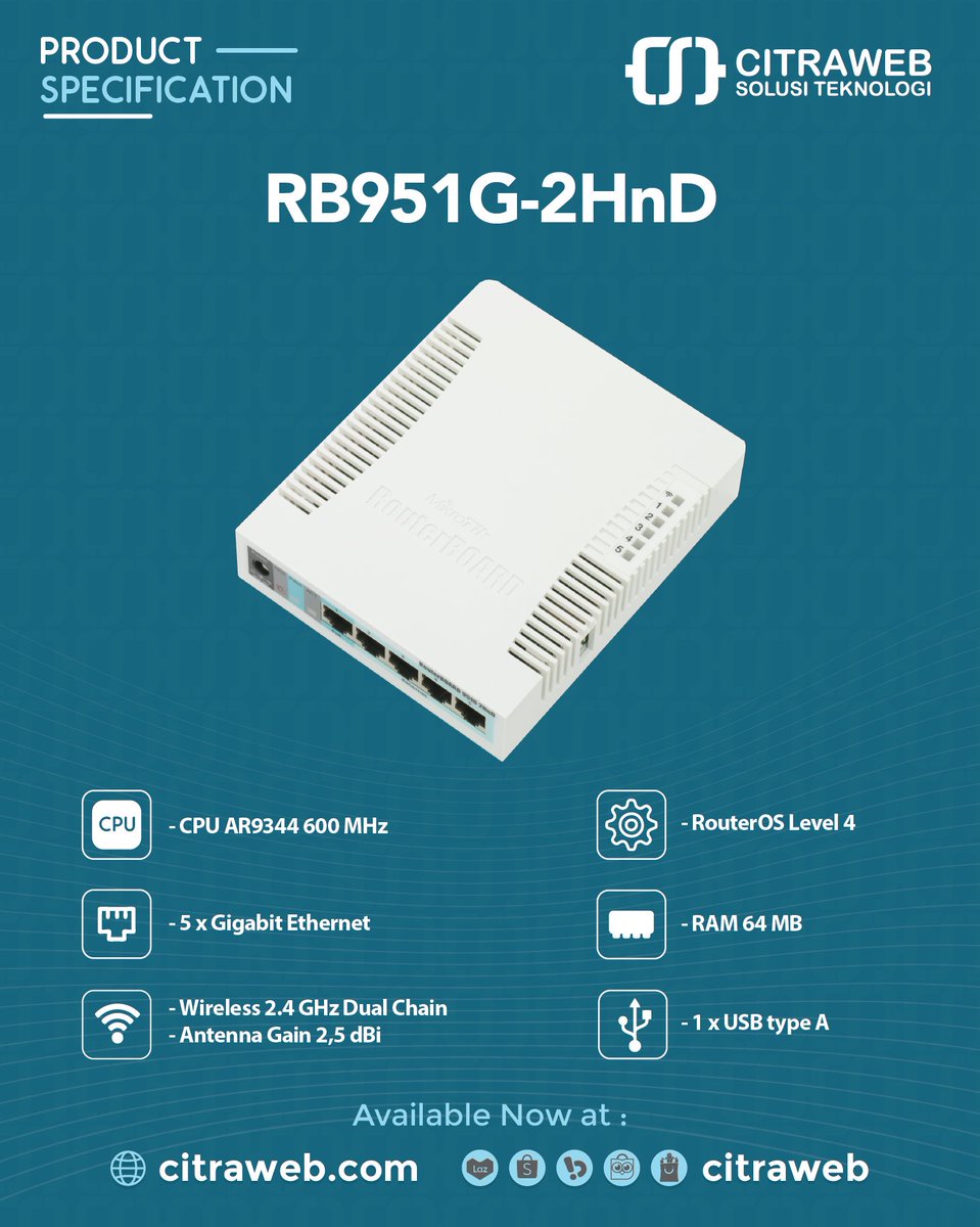 mikrotik_id's tweet photo. RB951G-2HND memiliki semua kebutuhan router dan gateway untuk personal dan kantor. Memiliki 5x Port Gigabit Ethernet, 1x Access Point embedded 2,4 GHz MIMO, Antenna Embedded 2,5 dbi, dan 1x port USB
Pembelian bisa melalui:
https://t.co/F3boriL7C4
#RB951G #RouterIndoor #MikroTik https://t.co/bJg6zuWyOq