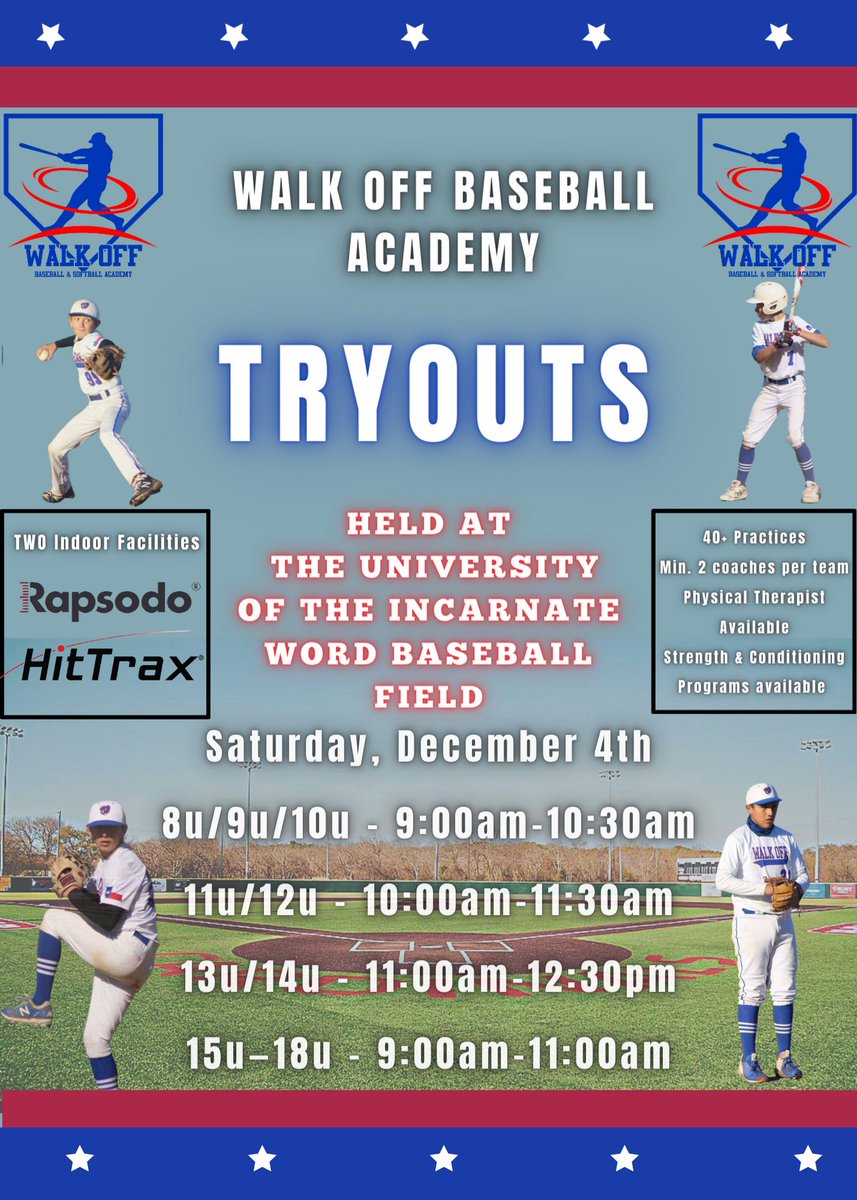 ⚾️ Walkoff Fall Tryouts 8U-18U ⚾️
➡️ December 4th ⬅️
➡️ University of Incarnate Word ⬅️
➡️ Sign Up HERE —&gt; esoftplanner.com/v3/planner/cam…