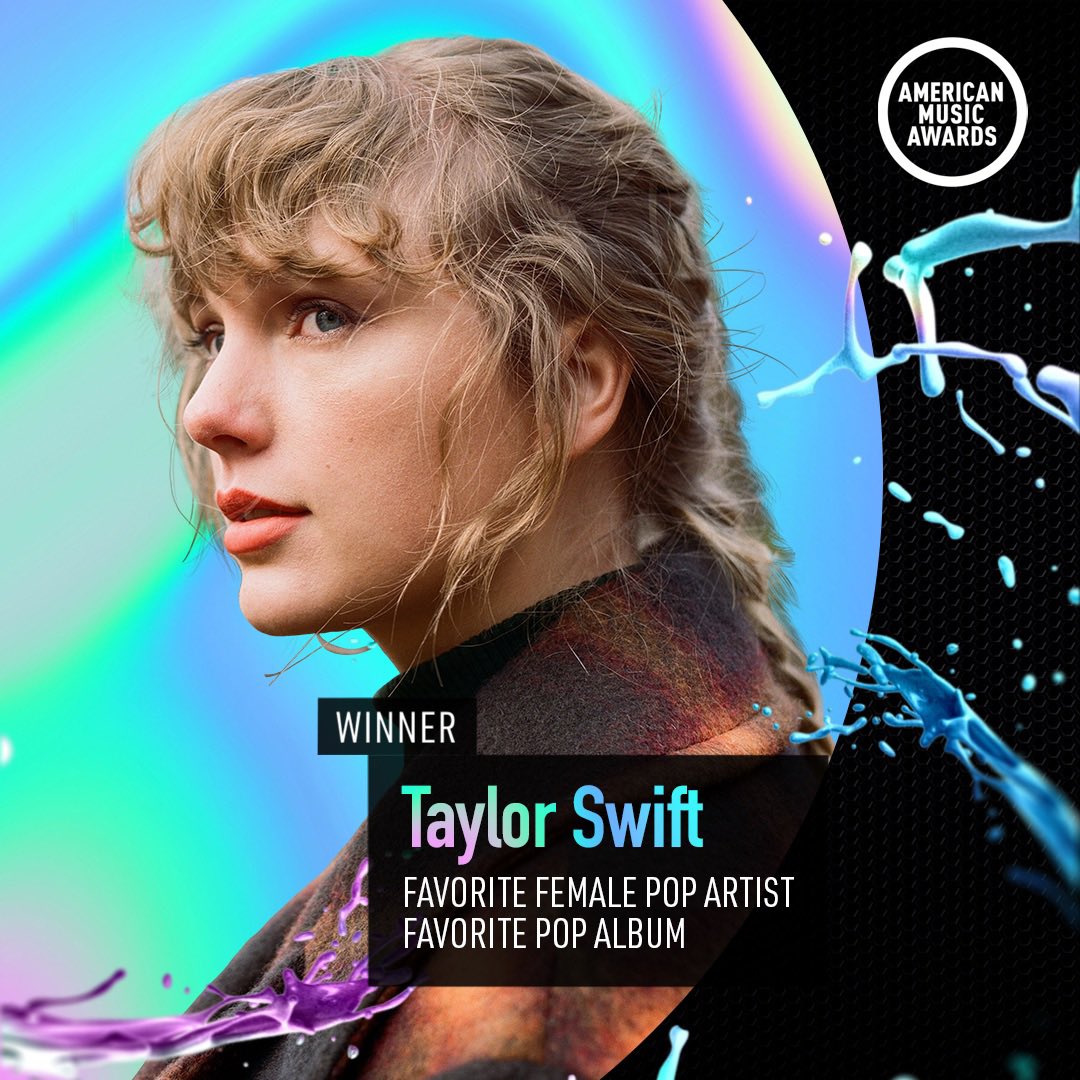 taylornation13's tweet photo. Taylor is your #AMAs Favorite Female Pop Artist, and evermore your Favorite Pop Album 💫 There was happiness because of you… thanks for voting! https://t.co/3IvB6LsfZa