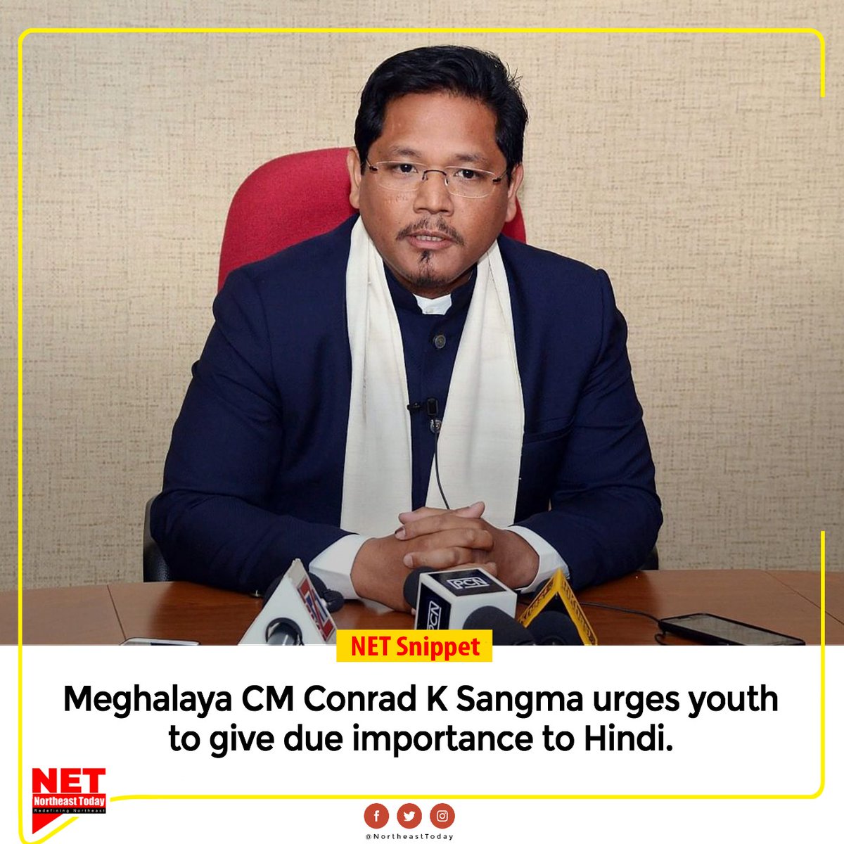 NortheastToday's tweet photo. #Meghalaya CM Conrad K Sangma on Sunday urged the youth to give due importance to Hindi and said those learning the language would be in an advantageous position.
#hindilanguage #foreignlanguage #education #jobs #importanceoflanguage #NortheastToday https://t.co/oAcSS1OYbv