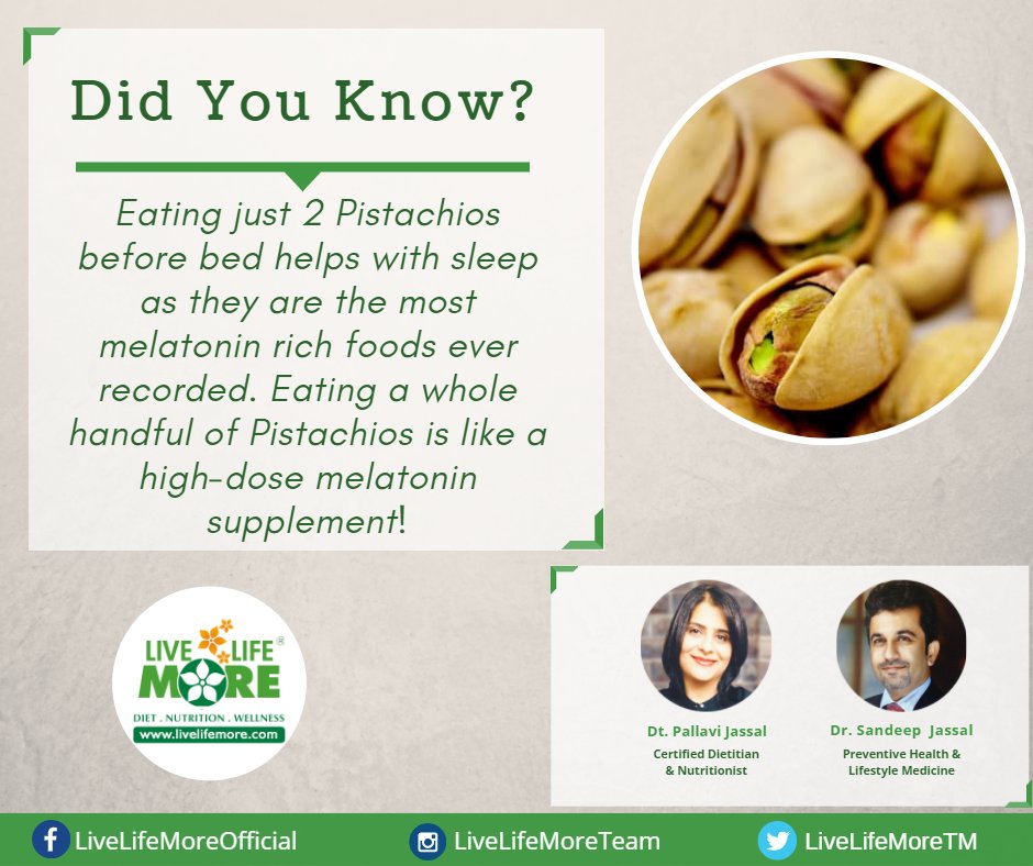 LiveLifeMoreTM's tweet photo. Did you know about #Pistachios?
Eating just 2 Pistachios before bed helps with sleep as they are the most melatonin rich foods ever recorded. Eating a whole handful of Pistachios is like a high-dose melatonin supplement!
#Dietplan #DoYouKnow #PistachiosFacts #Motivation #Health https://t.co/80dyDRrLkV