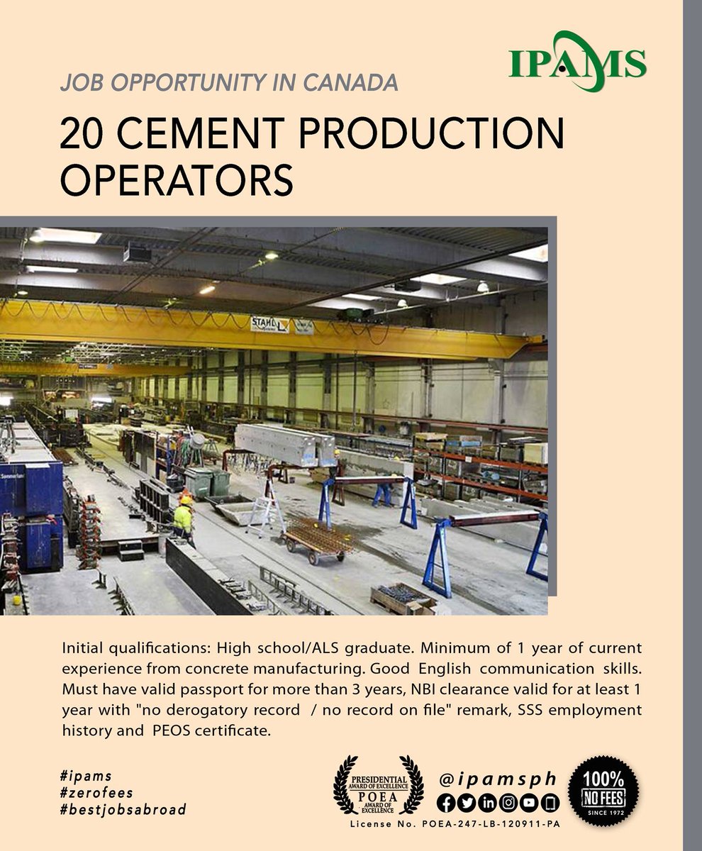 ipamsph's tweet photo. A chance to work in a 60-year old precast concrete manufacturing company in #Canada!!! #ApplyNow as Cement Production Operators! #ipams #Canadajobs #nofeestobecollected https://t.co/VdzHy0X19j