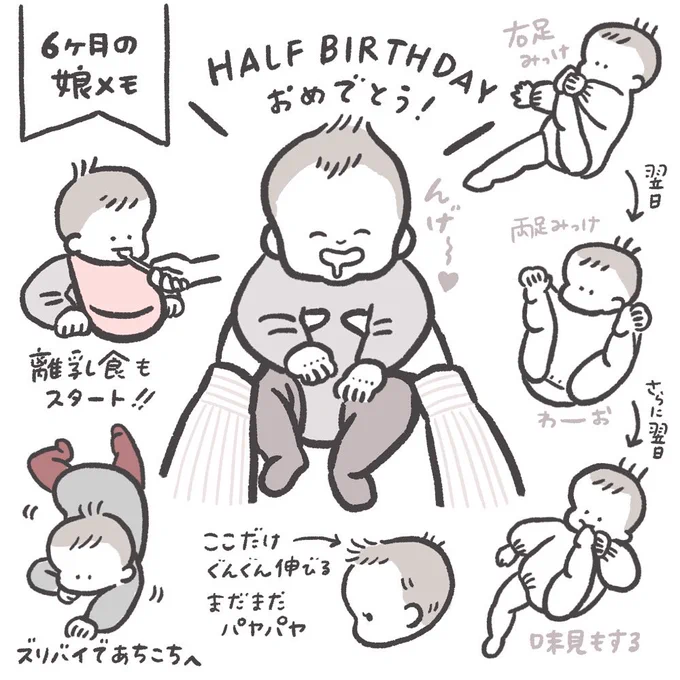6ヶ月になりました👶
半年間、体調も崩さず健やかに過ごしてくれた娘。たくさんの成長と表情を見せてくれてありがとう。
もちろん大変さもあるけれど、毎日本当に可愛くて幸せ。大好きよ〜! 