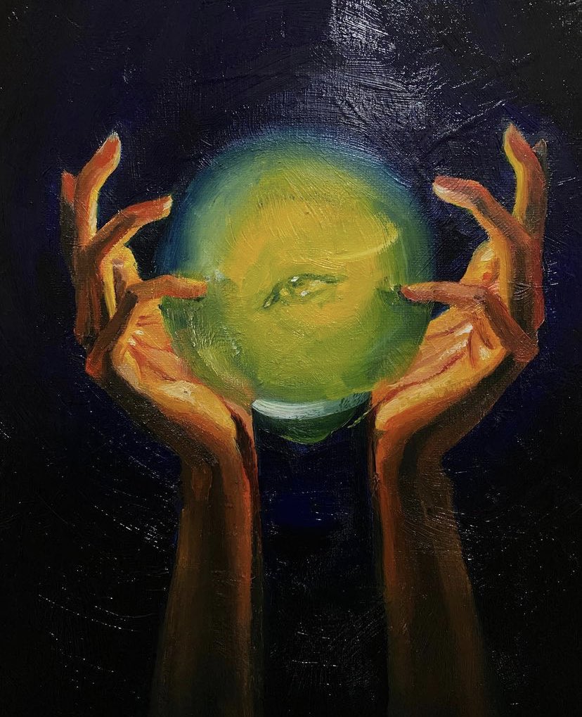 whoisgrlplsc's tweet photo. not me unknowingly making a painting about pondering my orb https://t.co/3ENytbmoFl