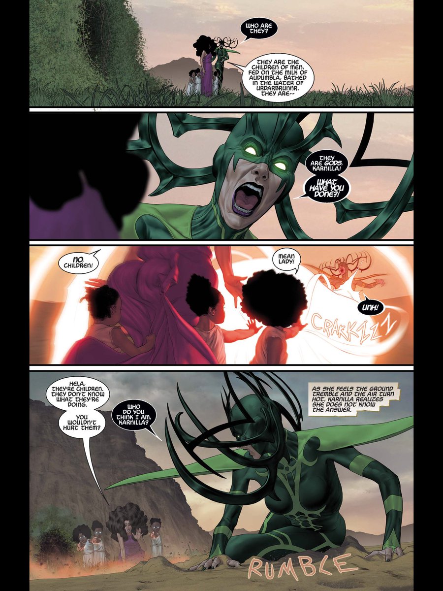 The spark in their eyes gives me the impression they’re related to Odin & Thor somehow. - - The Mighty Valkyries #4 #Karnilla #Hela #ThreeLittleGods #MarvelGods