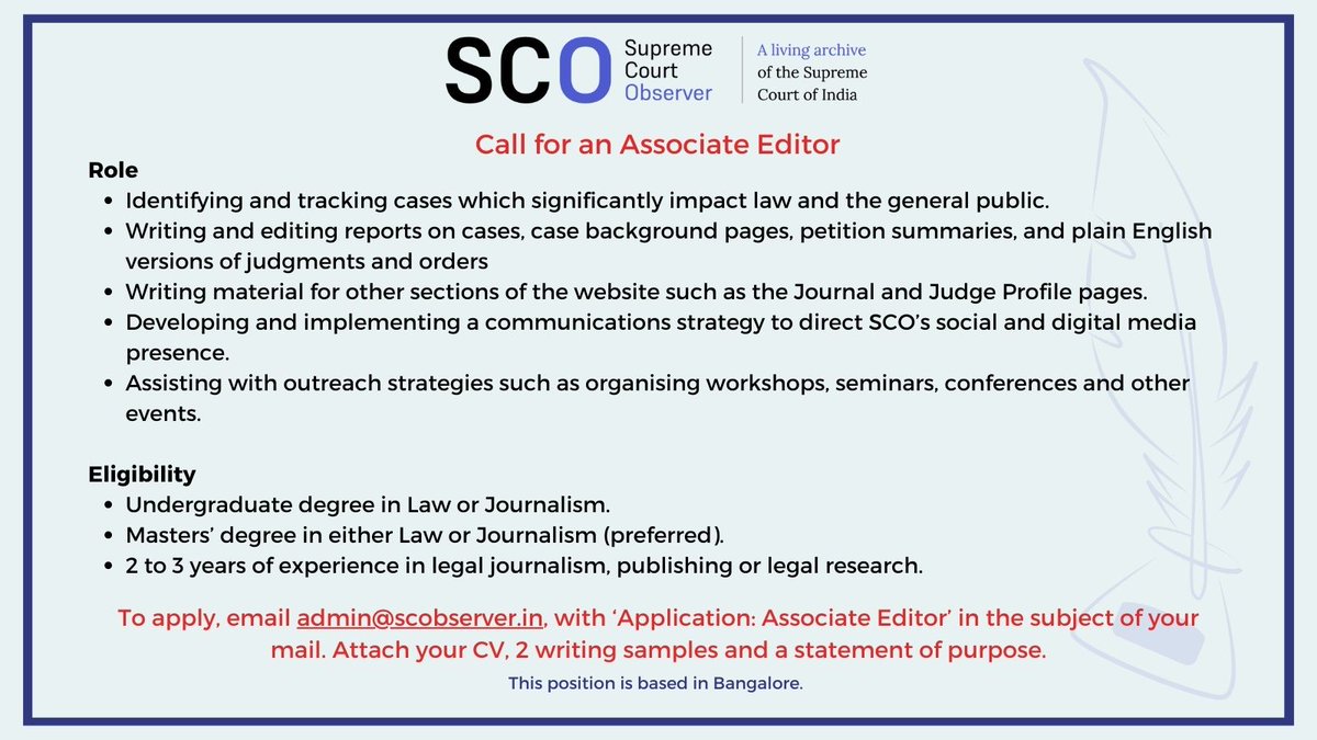 We are hiring!

SCO is a legal journalism platform that reports, analyses and makes sense of the work of the Supreme Court. Join us!

#Hiring #JournalismJobs #AssociateEditor #LawJobs #NowHiring