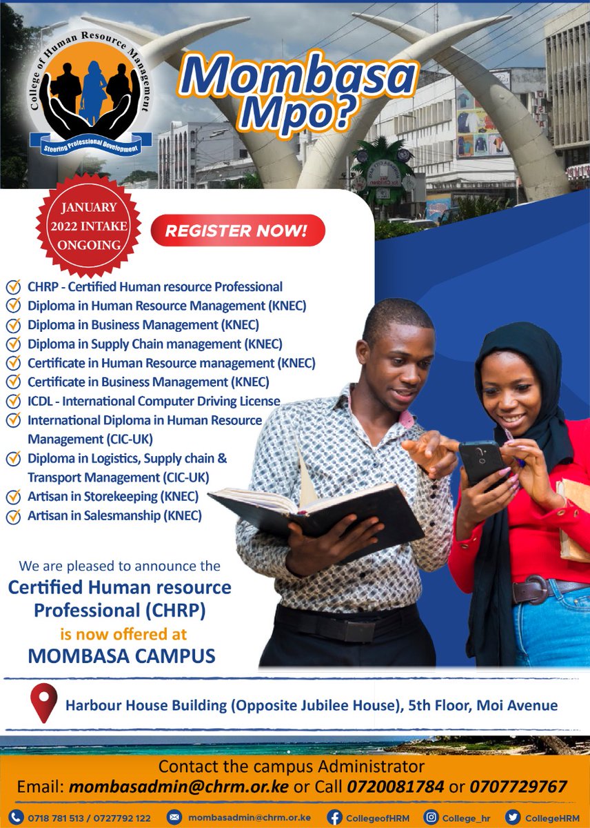 Mombasa Mpo?

Get your career started at CHRM. Certified Human Resource Professional (CHRP) &amp; other academic courses are now available in Mombasa.
January 2022 intake  ongoing. Click bit.ly/2Tz1XsC  to Register. #KaribuCHRM Online Learning Available.