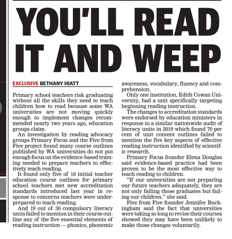 PrimaryFocusAU's tweet photo. ICYMI: A balanced and fair write up by @BethanyHiatt at @westaustralian on the joint investigation by @PrimaryFocusAU and @FIVEfromFIVE. Thanks to all those who contributed to this important work which hopefully reforms a system which is failing our teachers and students. https://t.co/cM7Qg0WyVZ