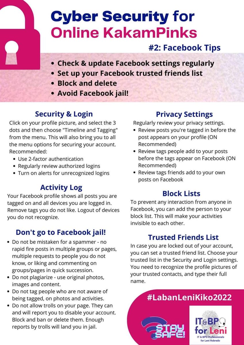 AngatBuhayBPO's tweet photo. It's #CyberSecurityMonday! Check your privacy settings on FB to make sure you control what and how much info you're putting out there. Ingat, mga #kakampink! 

#cybersecurity #cybersecuritytips #TeamLeniRobredo #LabanLeni2022 https://t.co/8fxE8G6fMW