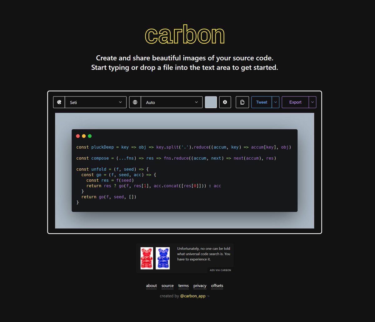 NavisCode's tweet photo. De los mejores recursos para compartir código de forma visual:

🔹codepng .app
🔹ray .so ⭐ Mi favorito 
🔹snippetshot .com
🔹carbon .now .sh
🔹polacode ⏩ Extension vscode https://t.co/Hjw1juTXON