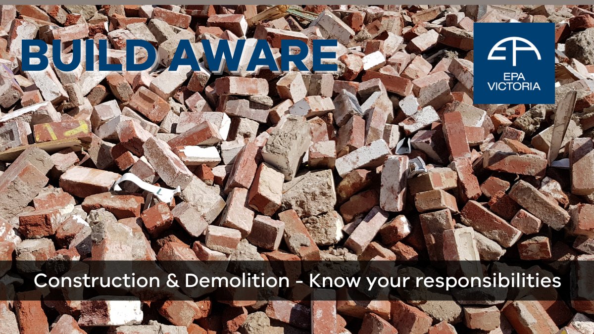 VicGovEPA's tweet photo. Do you work in construction/demolition? Are you aware of changes to environment protection laws that apply to you? Know your responsibilities. Learn more here
https://t.co/0wtYW3kkJ1 #buildaware https://t.co/t6o4cPMt0x