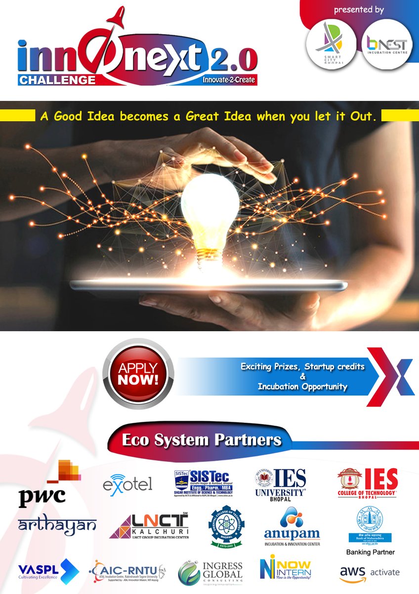 bnestbpl's tweet photo. "A Good Idea becomes a Great Idea when you let it Out."
Innonext challenge is here to hear it.
Register at :
https://t.co/1zHHYMqzMl
#Innonext2.0 #innonext2021 #Innovate2create #B_NeST #BhopalSmartCity https://t.co/Ypk6yUlqrM
