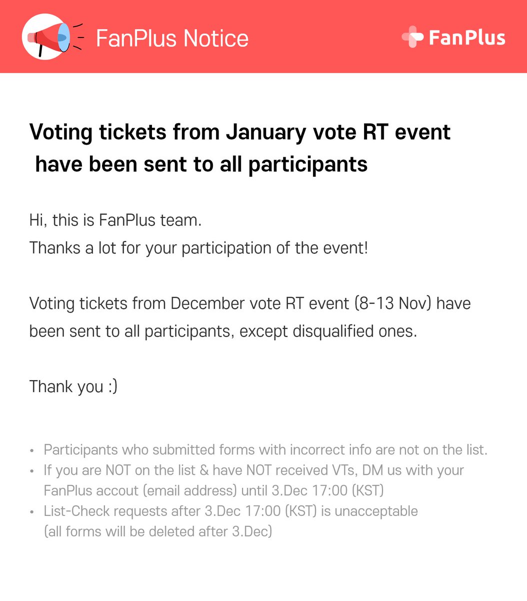 fanplus_app's tweet photo. 📢1월 투표 오픈 이벤트 투표권이 지급되었습니다! 투표기록>적립 내역 확인 부탁드립니다.

📢January Vote RT event: Voting tickets are given away now! Vote>Voting Status>Earned>please check VTs received in 11.2021

📍미지급 명단(Dropout Participants List) : https://t.co/6gdVZc8aii https://t.co/oABxB4kYw2