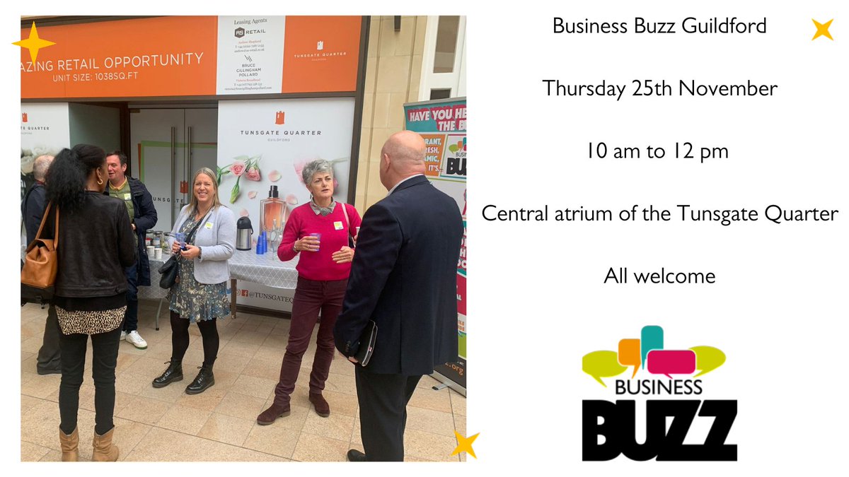 Who do you know in #Guildford who would benefit from expanding their business network? 
 
Our monthly Guildford Buzz networking event is this Thursday 25th November from 10am to 12 pm,  in the central atrium <a href="/TunsgateQuarter/">tunsgatequarter</a> 
 
Register here 👉 app.business-buzz.org/app?group=Guil…