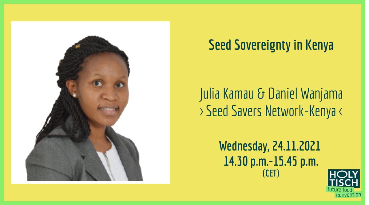 HolyTisch's tweet photo. We are delighted to have Julia kamau &amp; Daniel Wanjama for the session, “Seed Sovereignty in Kenya”. 
Through farmers training programmes, community seed banking &amp; advocacy, the two along with their team, address questions of nutrition &amp; food insecurity in the country. 
Join us! https://t.co/f4vfLTBrWg