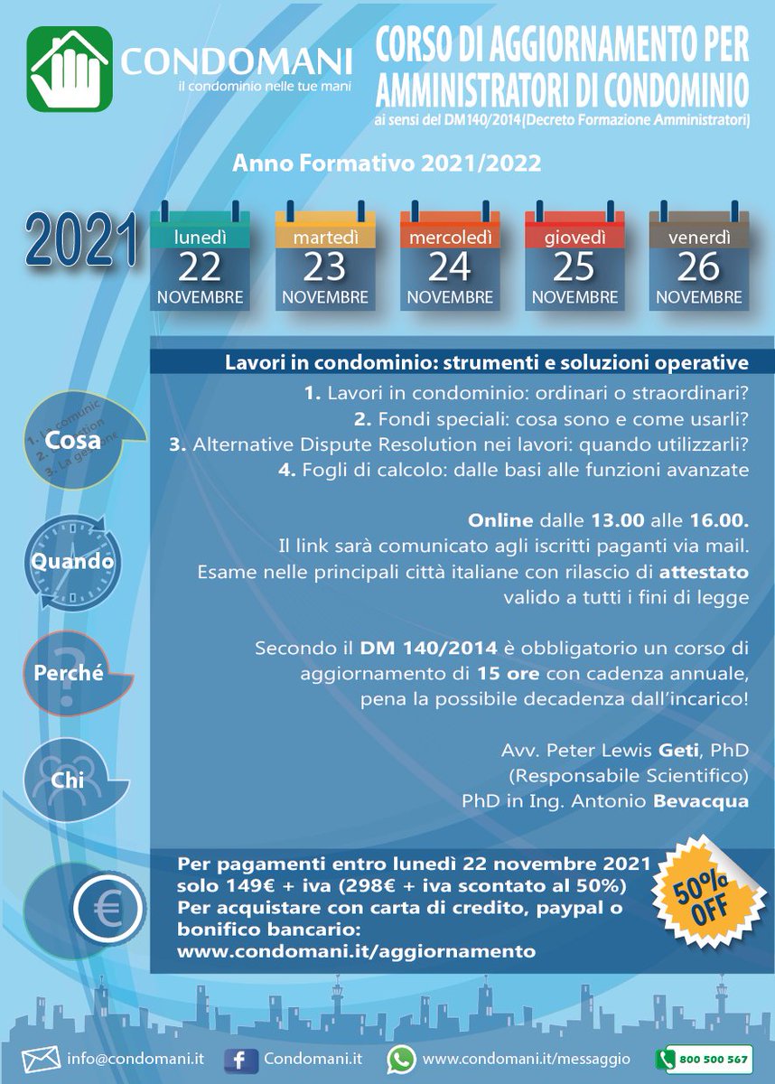Oggi inizia l’ultimo corso di aggiornamento del 2021 👨🏻‍🏫
Affrettatevi a riservare il vostro posto online 🏃🏼
Per acquistare cliccate qui 👉🏽 condomani.it/aggiornamento