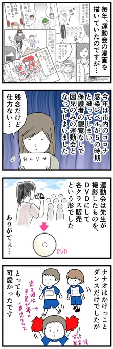 今年の保育園運動会レポ。
運動会のたびに「年長さんって凄いな～」と思って見てたのに、ついに今年はその年長さんでした。感慨深い。
お遊戯会は見れますように…!
#育児漫画 