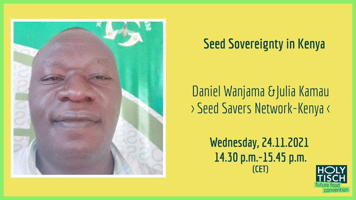 HolyTisch's tweet photo. We are delighted to have Julia kamau &amp; Daniel Wanjama for the session, “Seed Sovereignty in Kenya”. 
Through farmers training programmes, community seed banking &amp; advocacy, the two along with their team, address questions of nutrition &amp; food insecurity in the country. 
Join us! https://t.co/gC8ix3mwZ2