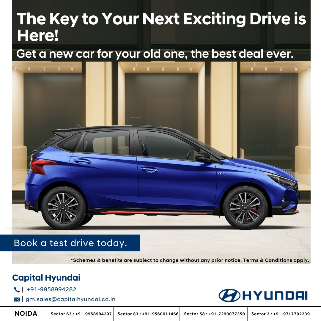 capital_hyundai's tweet photo. Your next exciting drive is here with guaranteed satisfaction!

Exchange and upgrade today with H-promise benefits.

Book now!
.
.
.
#CapitalHyundai #DigitalExchangeCarnival #HPromise #HyundaiNoida #HyundaiIndia #ExchangeOldCar #BuyHyundai #TestDriveHyundai #BookHyundai https://t.co/HKL8CVWrXU