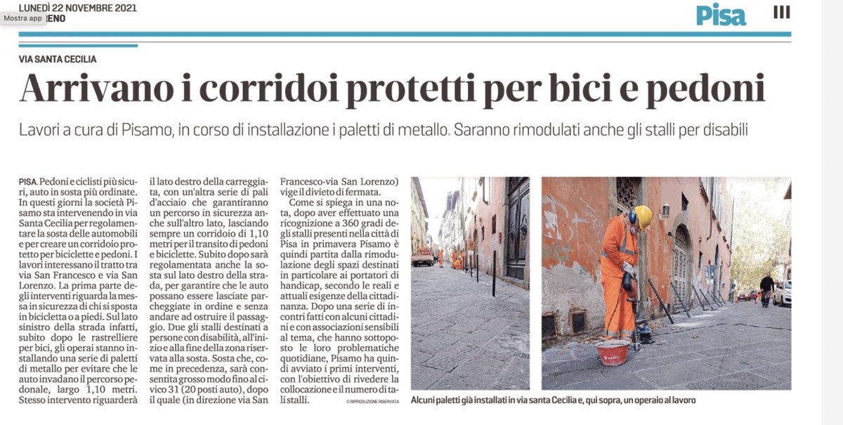 Pisamo2's tweet photo. #pisa 
Pedoni e ciclisti più sicuri, auto in sosta più ordinate. In questi giorni la società Pisamo sta intervenendo in via Santa Cecilia per regolamentare la sosta delle automobili e per creare un corridoio protetto per biciclette e pedoni

@ComunePisa @IlTirrenoPisa https://t.co/ZT78gKY5iE