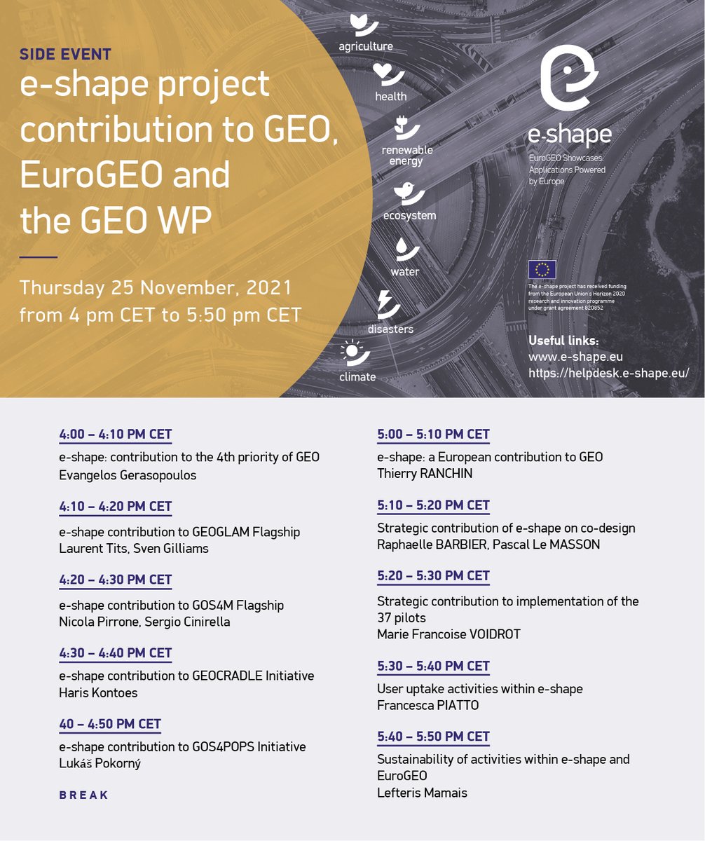 EuroGEO_eu's tweet photo. Find @eshape_eu on Thursday 25th of November at #GEOWEEK21 and participate in the side event "e-shape project contribution to GEO, EuroGEO and the GEO WP" https://t.co/g2Eh8We2Dr https://t.co/q9GtpsWCse