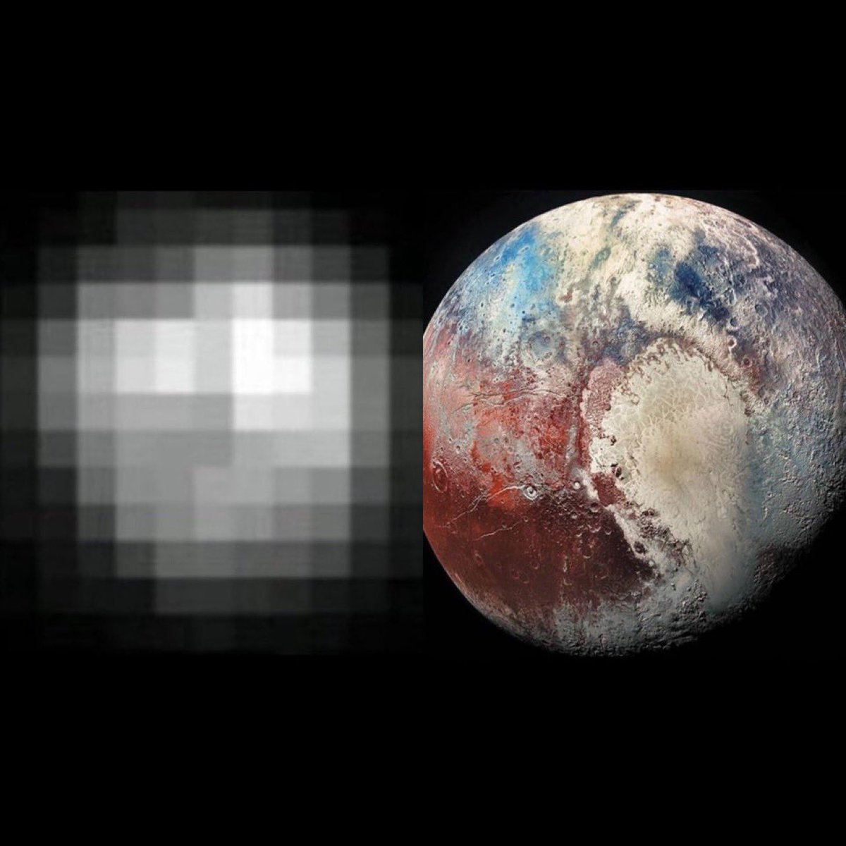 BrianRoemmele's tweet photo. The best image of the planet (yes planet) Pluto:

24 years apart.

Left: 1994

Right: 2018

Our vision improves. https://t.co/6n1ph2AKeI