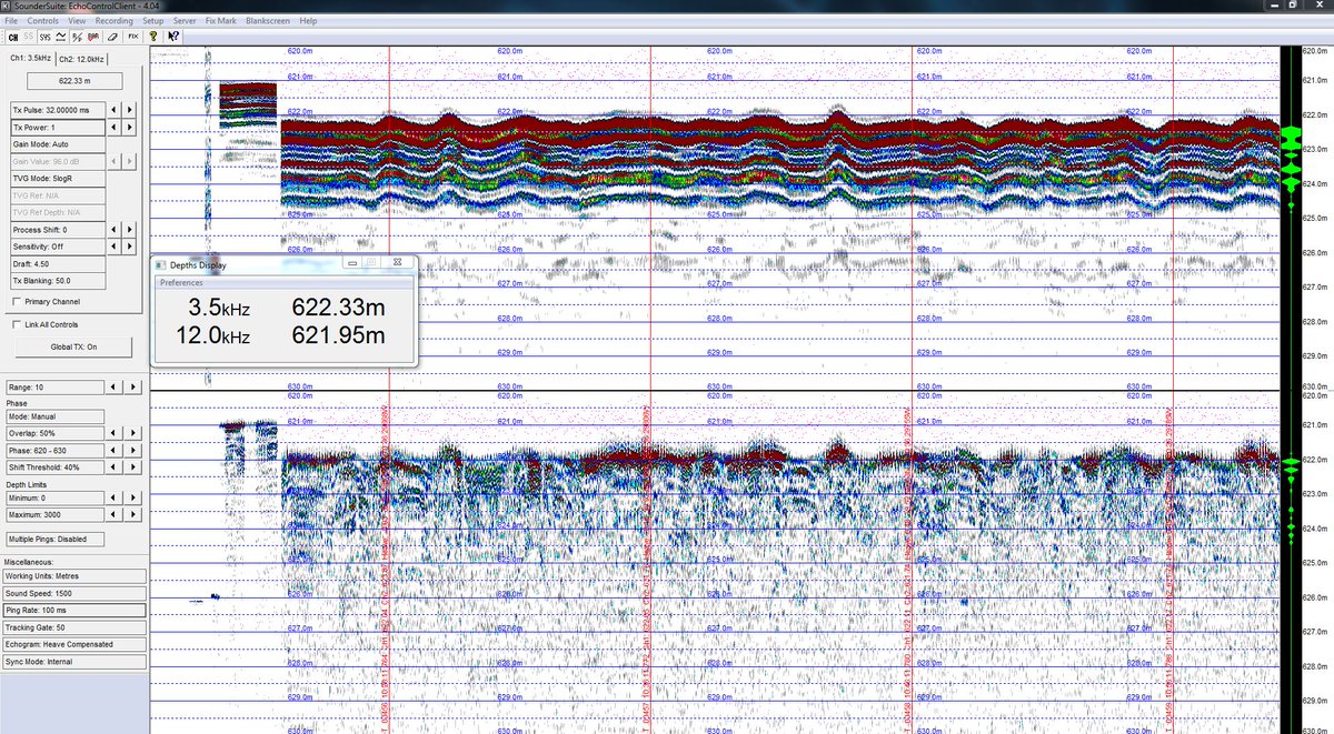 rv_neil's tweet photo. Clack. Clack. Clack. Clack.  
Ping the ocean floor and bring some mud back. 

The 3.5 kHz subbottom record. 

#geology #coring #JumboPistonCore #LongCoreLite #mudpatch https://t.co/v3c2Eby8nr
