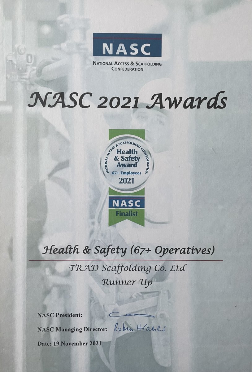 TRAD Scaffolding Contractors (@trad_scaff) on Twitter photo TRAD Scaffolding received the NASC 2021 runners up award for Health & Safety (76+ Employees).
Thanks to <a href="/NASCscaffolding/">NASC Scaffolding 👷🏻♂️👷🏻♀️</a> for a wonderful evening & to our talented team at TRAD.
#scaffold #scaffolding #healthandsafety #construction #nasc #teamwork #awards2021 #trad #NASCBall2021 TRAD Scaffolding received the NASC 2021 runners up award for Health & Safety (76+ Employees).
Thanks to <a href="/NASCscaffolding/">NASC Scaffolding 👷🏻♂️👷🏻♀️</a> for a wonderful evening & to our talented team at TRAD.
#scaffold #scaffolding #healthandsafety #construction #nasc #teamwork #awards2021 #trad #NASCBall2021