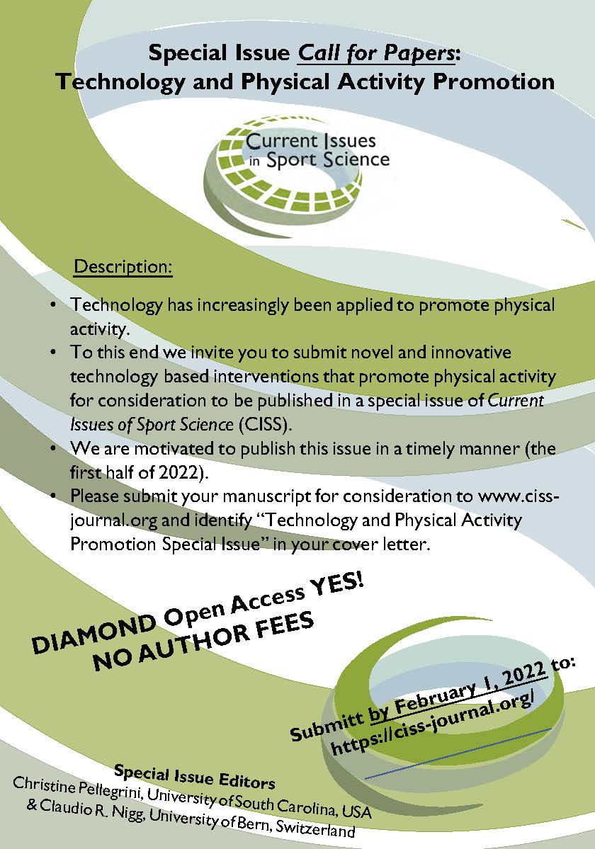Special Issue Call for Papers: Technology and Physical Activity Promotion
 
Please submit your manuscript by February 1, 2022, for consideration to ciss-journal.org and identify “Technology and Physical Activity Promotion Special Issue” in your cover letter.