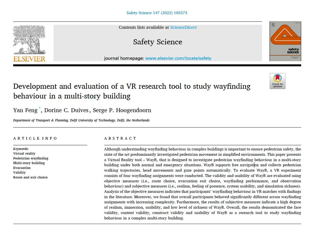 Paper alert📄
New publication of #VR and #wayfinding study in #SafetyScience. 
We develop and evaluate the validity and usability of a VR research tool (WayR) that is designed to study pedestrian wayfinding behaviour in a multi-story building. 
Open access:bit.ly/3cCNPoE