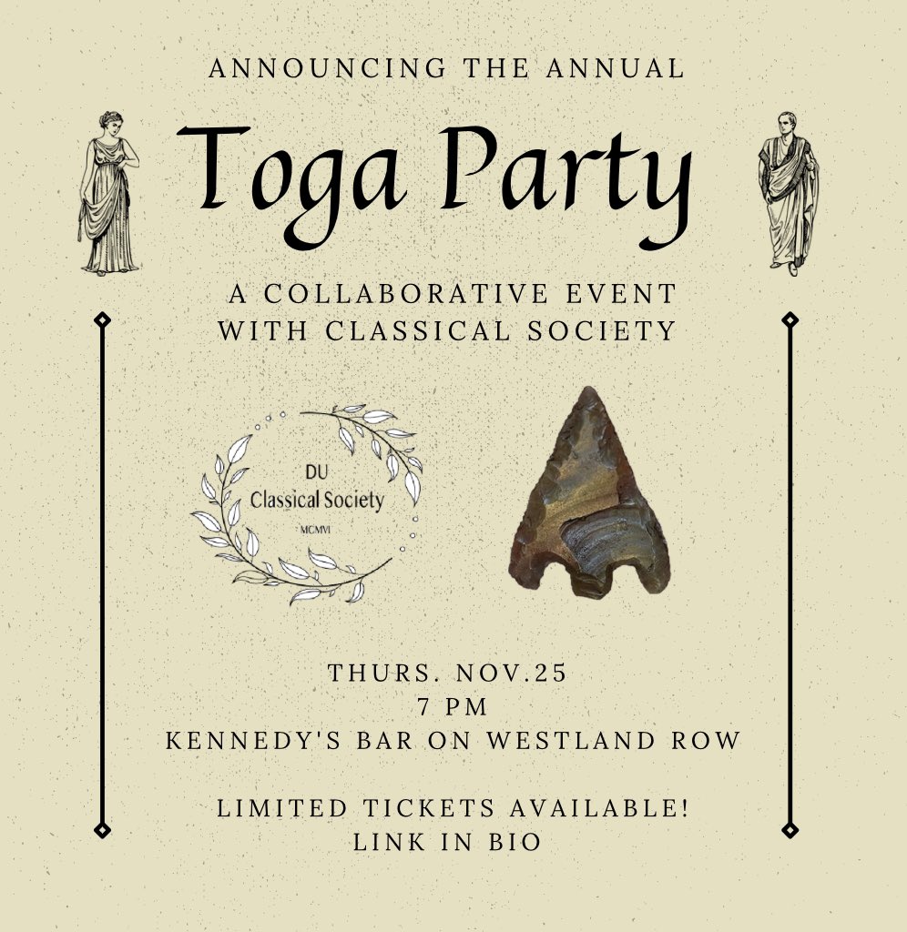 DUArchSoc's tweet photo. Toga party time 🥳

Announcing our annual collab Toga Party with @DUClassical 🏛 Grab your best toga, invite your friends, and get ready for a real good time 🤩

Can’t wait to see you all there!

As always, if you have any accessibility requirements, send us a message! https://t.co/iWcpCaD6Xs