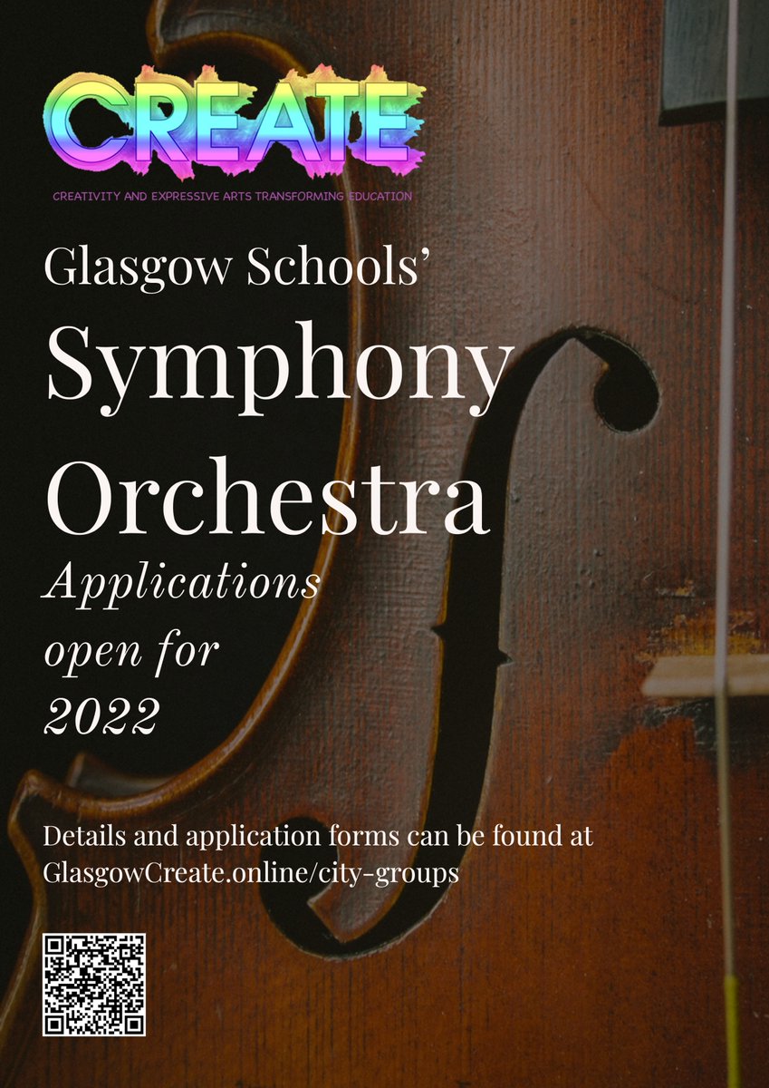 GlasgowCREATE's tweet photo. We are delighted to announce details of Glasgow Schools’ Symphony Orchestra 2022 and are now welcoming applications online via https://t.co/LXUCTQKoNG Please note closing date for applications is 15th December and auditions will take place week beginning 10th January 2022. https://t.co/60HDMCqGZp