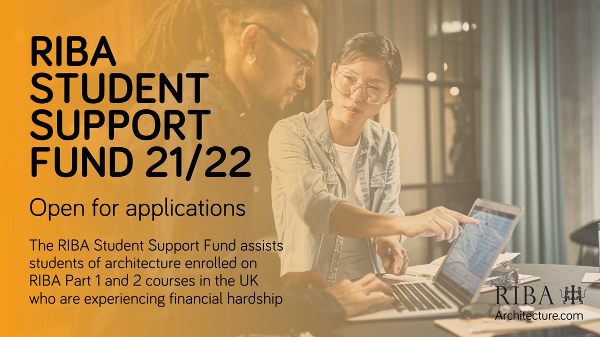 Applications are now open for the RIBA Student Support Fund 🎓

Deadline: 3 December 2021. Find out more: ecs.page.link/y3gYF #RIBAFutureArchitects