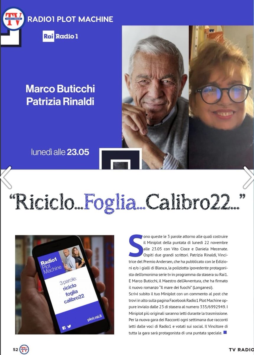 Crea #latuastoriachenoncera 
retwittala qui

Tre parole attorno alle quali scrivere il Miniplot #Rodari

Alle 23.05 <a href="/Radio1Rai/">Rai Radio1</a>
con <a href="/vitociox/">Vito Cioce</a> <a href="/danielamecenate/">Daniela Mecenate</a>

Ospiti
<a href="/Pat14Rinaldi/">Patrizia Rinaldi</a>
<a href="/EdizioniEO/">Edizioni E/O</a> <a href="/RaiUno/">Rai1</a>

#MarcoButicchi
<a href="/LibriLonganesi/">Longanesi & C.</a>

@RadiocorriereTv

<a href="/paoloigna1/">paolo ignazio marong</a>
<a href="/CasaScrittori/">Casa degli Scrittori</a>