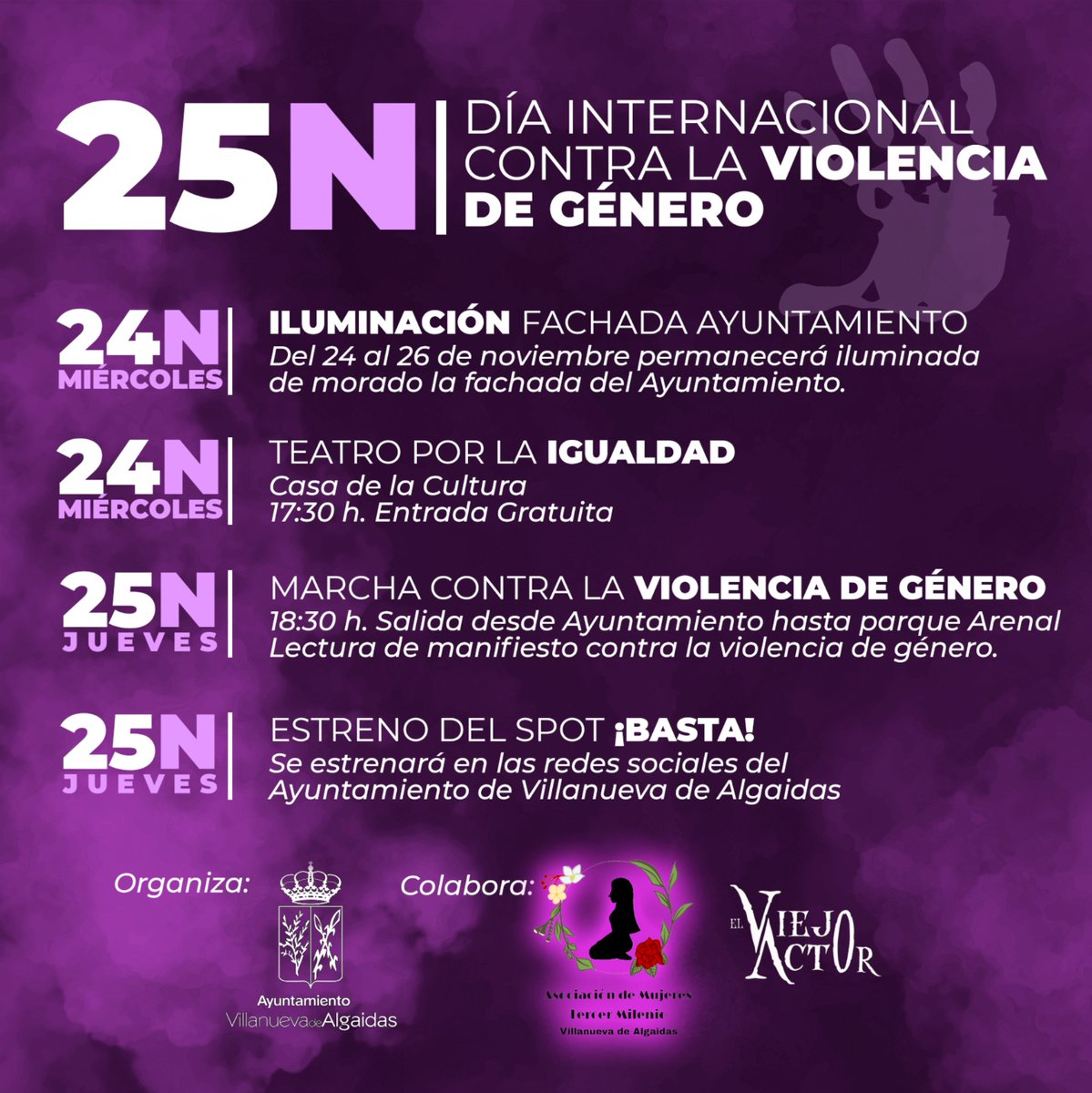 AytoAlgaidas's tweet photo. Programación Día Contra la Violencia de Género‼️

🟣Iluminación fachada Ayuntamiento🏫
🟣Teatro por la Igualdad🎭
🟣Marcha contra la Violencia de Género🤝
🟣Estreno del Spot ¡Basta!🎥

Villanueva de Algaidas Unido Contra la Violencia de Género #25N #ContraLaViolenciaDeGénero https://t.co/RWsarhPxtI