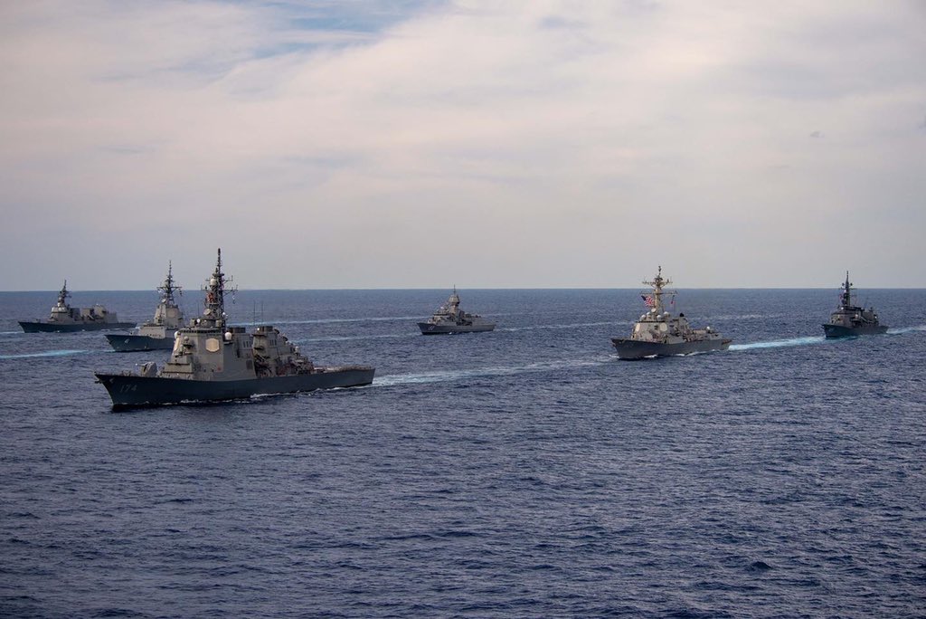 Fifteen ships from #VINCSG, the Royal Australian Navy, Royal Canadian Navy, German Navy, and Japan Maritime Self-Defense Force sail in formation during Annual Exercise (ANNUALEX), Nov 21. #Mighty70 #ForgedByTheSea #AlliancesandPartnerships #FreeandOpenIndoPacific