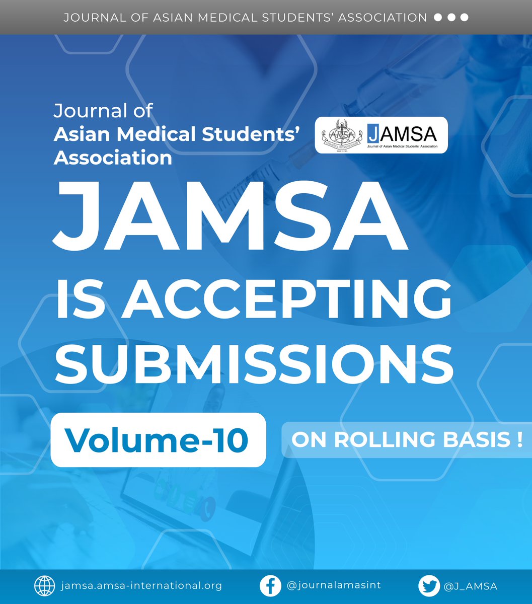 j_amsa's tweet photo. It is with pride that we open calls for submissions for Volume-10 of JAMSA as we complete a decade of publishing research and helping them gain recognition in the world of medicine!
Reach out to your Regional Chairperson and National Director of Research for more information. https://t.co/XHfySilqTb