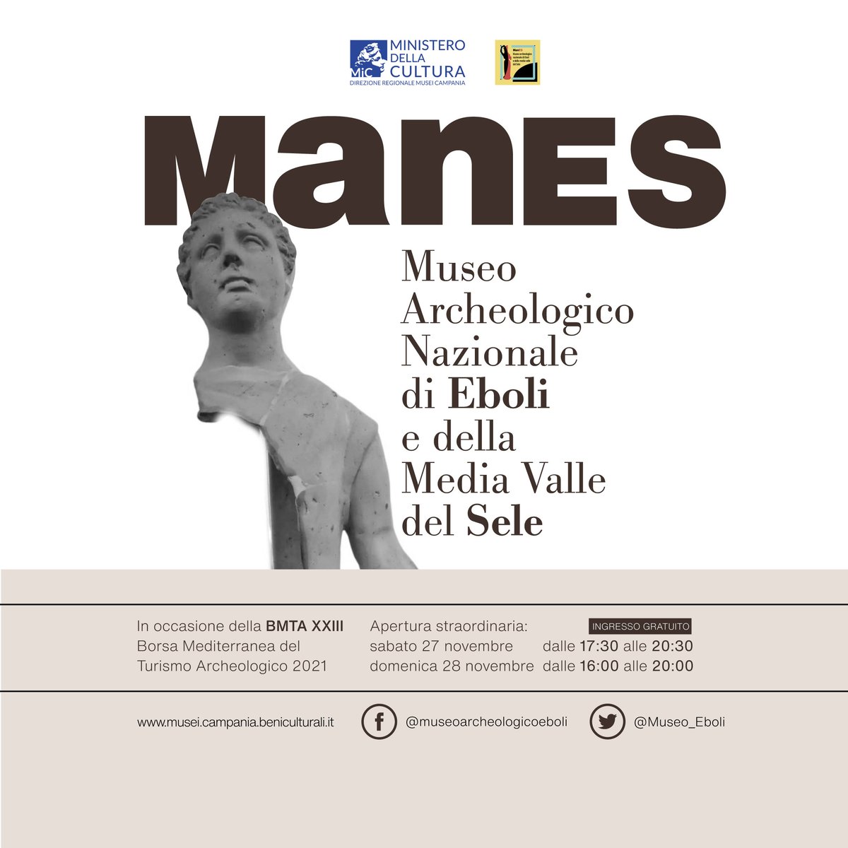 #news❗️Dal #25novembre al #28novembre il #ManES <a href="/Museo_Eboli/">MuseoArcheologicoNazionaleEboli</a> vi aspetta alla <a href="/BorsaPaestum/">TurismoArcheologico</a> 🏺
👉Per l'occasione, apertura speciale del #ManES:
#27novembre, h. 17:30/20:30 e #28novembre h. 16:00/20:00. Ingresso gratuito.🥰
Non dimenticate il vostro #greenpass 💚
<a href="/MiC_Italia/">Ministero della Cultura</a>