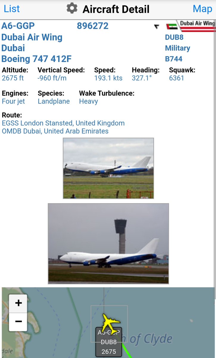 BloodyPolitics's tweet photo. A rare sight in an impossibly blue sky this morning heading for #Prestwick Airport from London Stansted.
โ Dubai Air Wing Boeing 747 #DUB8 A6-GGP
#AvGeek
#military #UAE #boeing747
#pik https://t.co/OVkRIbHNNf