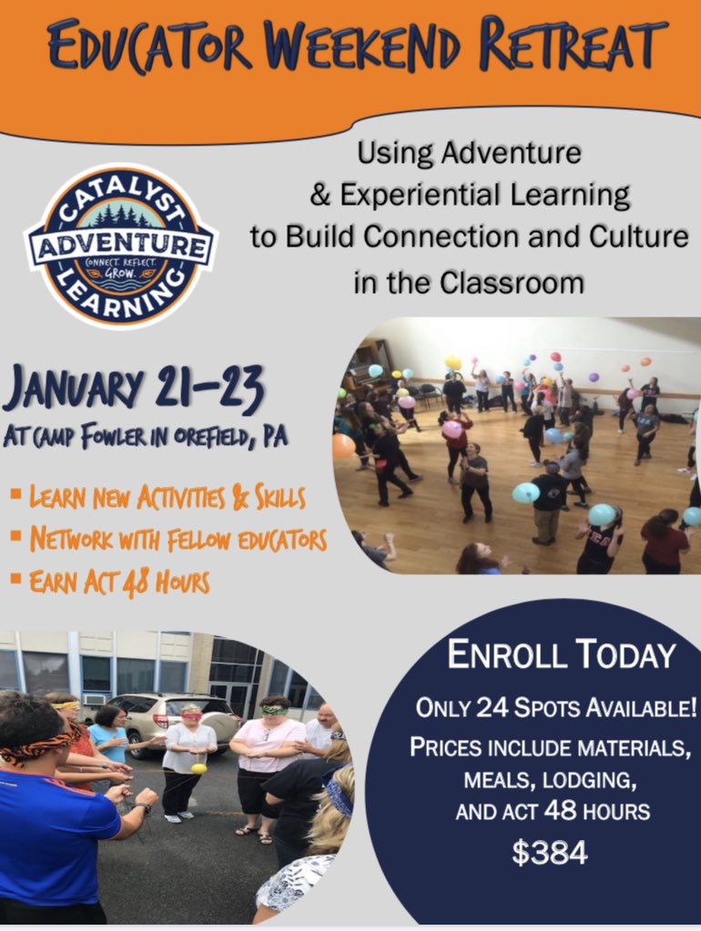 EpiphanyTeam1's tweet photo. Attention Educators,
Awesome professional development opportunity! Come connect, reflect, and grow for an entire weekend! Participate and learn a bunch of activities and tools you can instantly use in your classroom. #experientiallearning #adventure 
https://t.co/Q7kRl68zfj https://t.co/NP4bxyyxPE