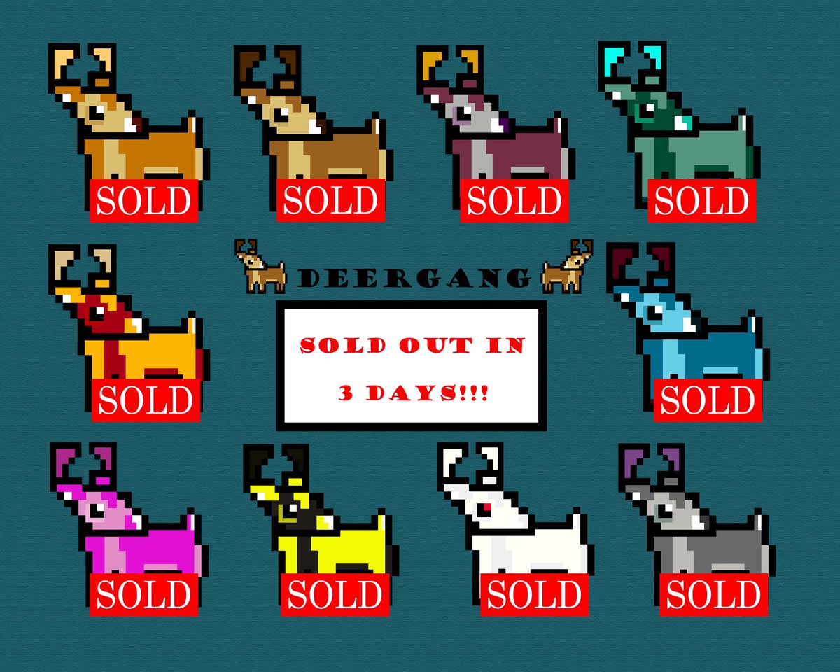 DeerGangNFT's tweet photo. SOLD OUT IN 3 DAYS🔥💯🎉🎉💰📈📈 Discord on the way and HERD 2 drop date soon 🔥🔥🔜 

HERD 2 will be another 10 unique and rare deer with new traits! Floor price on the rise 📈💥

Stay tuned on further posts and information. JOIN THE HERD 🦌💯

#deergang #OpenSeaNFT #nft #eth https://t.co/sH9L93jedF