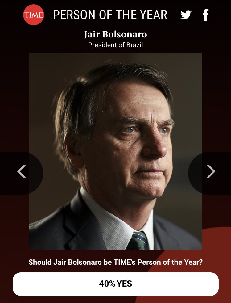 Dom (@domlancellotti) on Twitter photo PESSOA DO ANO DA TIME!
O Presidente <a href="/jairbolsonaro/">Jair M. Bolsonaro</a> já alcançou o 4° lugar com 40%.
O resultado sai dia 8 de dezembro.
Votem: time.com/person-of-the-… PESSOA DO ANO DA TIME!
O Presidente <a href="/jairbolsonaro/">Jair M. Bolsonaro</a> já alcançou o 4° lugar com 40%.
O resultado sai dia 8 de dezembro.
Votem: time.com/person-of-the-…