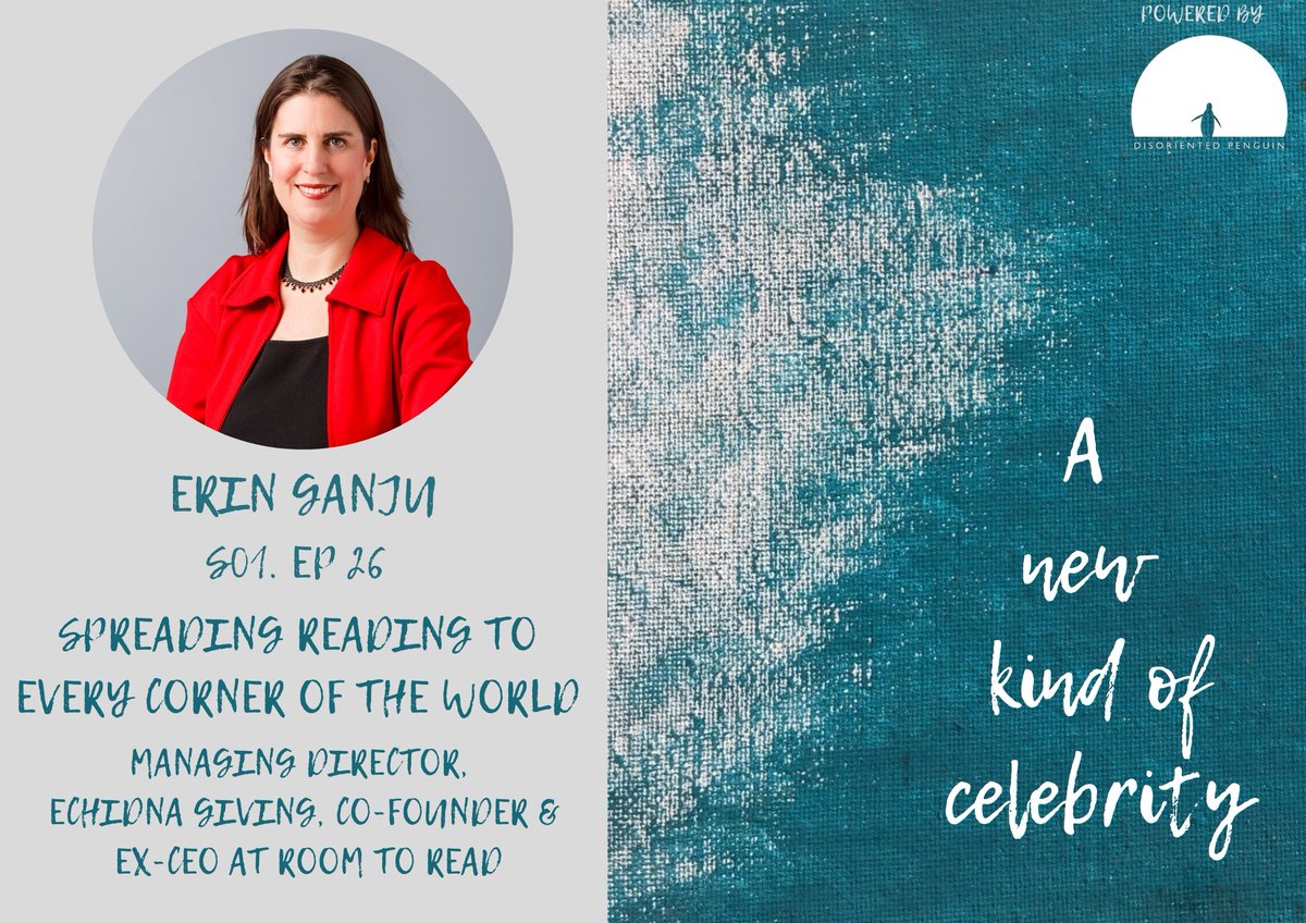 Episode 26 is LIVE! Listen here - link.chtbl.com/anewkindofcele…

In this episode, we celebrate Erin Ganju, Managing Director of <a href="/EchidnaGiving/">Echidna Giving</a> Fund. Erin was a Co-founder, former CEO &amp; COO and currently remains an Emeritus Board Member of <a href="/RoomtoRead/">Room to Read</a>.

#education #literacy #podcasts