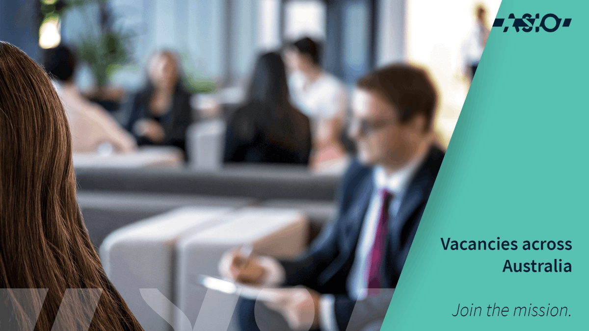 ASIOGovAu's tweet photo. #ASIO has vacancies across Australia in #InformationTechnology, #InformationManagement, #ProtectiveSecurity, #MachineLearning &amp; more. #JoinTheMission &amp; help protect Australia &amp; Australians from threats to their security. Apply at https://t.co/rlFWfpY7xF. https://t.co/kElRUCZcEn