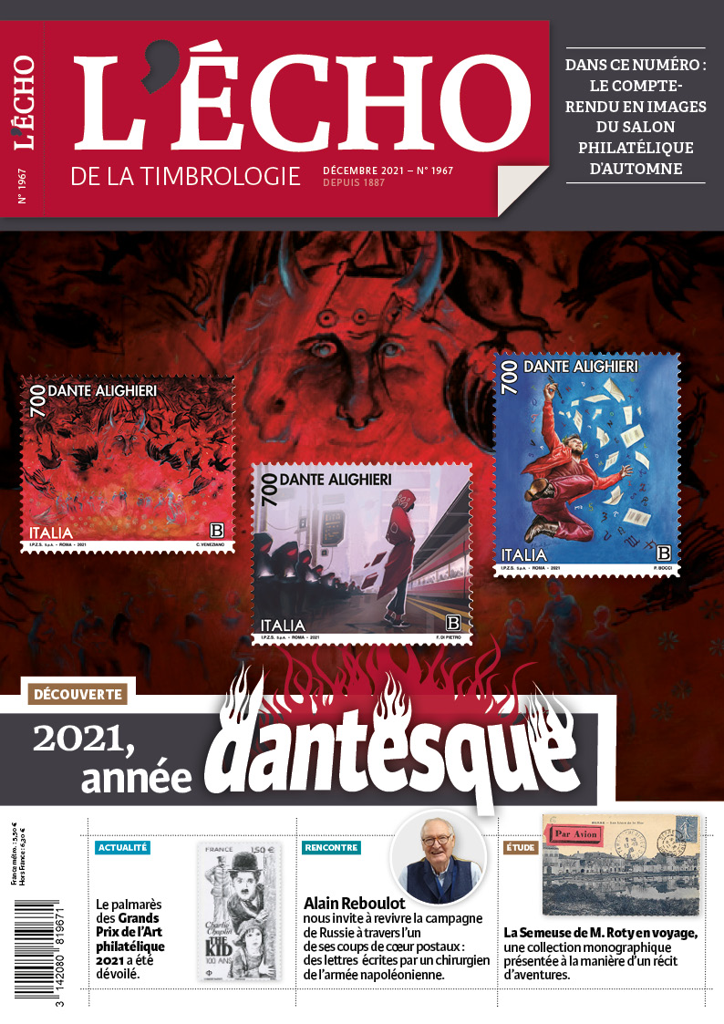 Sophie_2Leko's tweet photo. Voici la Une du dernier Écho de 2021, année dantesque !  Retrouvez-y le palmarès des Grands Prix de l'Art #philatélique, l'interview du négociant Alain #Reboulot, une étude façon récit d'aventures sur la #Semeuse de Roty, des #polaires, les actualités et nouveautés philatéliques. https://t.co/kGAQVTqd0h