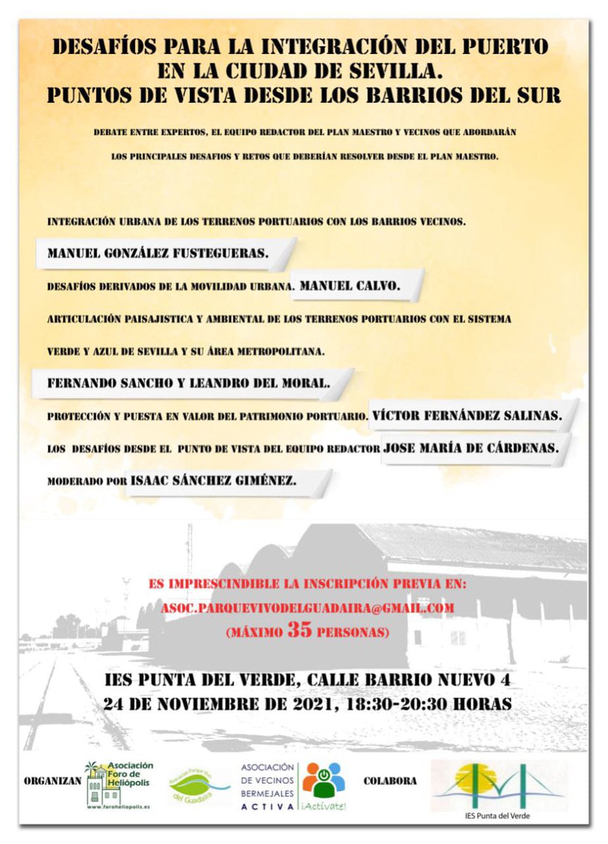 PqVivoGuadaira's tweet photo. Estás a tiempo de apuntarte. Ven a conocer y opinar sobre la propuesta del @PuertoDeSevilla de abrirse a la ciudad y transformar la zona sur. Reina Mercedes, Heliópolis, Bermejales y aledaños se verán directamente afectados. Habrá expertos de max nivel y 1 redactor del plan. https://t.co/dIlg3QImz9