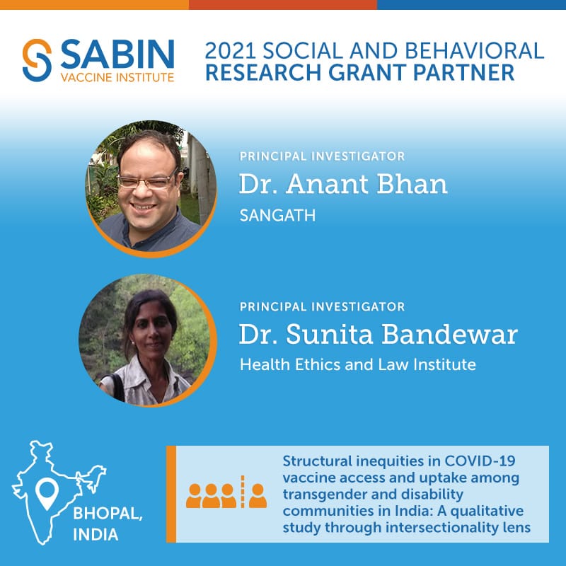 Dr Sunita Bandewar, Director HEaL, FMES, and Dr <a href="/AnantBhan/">Anant Bhan</a> of @SangathBhopal are Co-PIs for a project by <a href="/sabinvaccine/">Sabin Vaccine Institute</a> on #vaccinequity